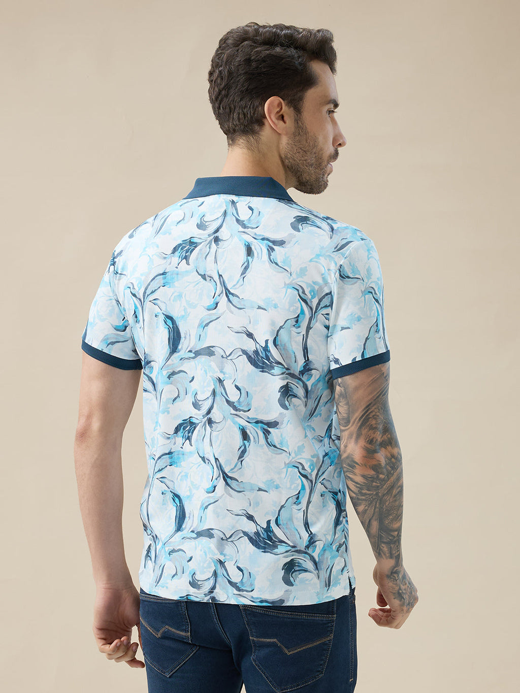 Mens All-Over Tropical Print Half Sleeves Regular Fit Polo T-shirt