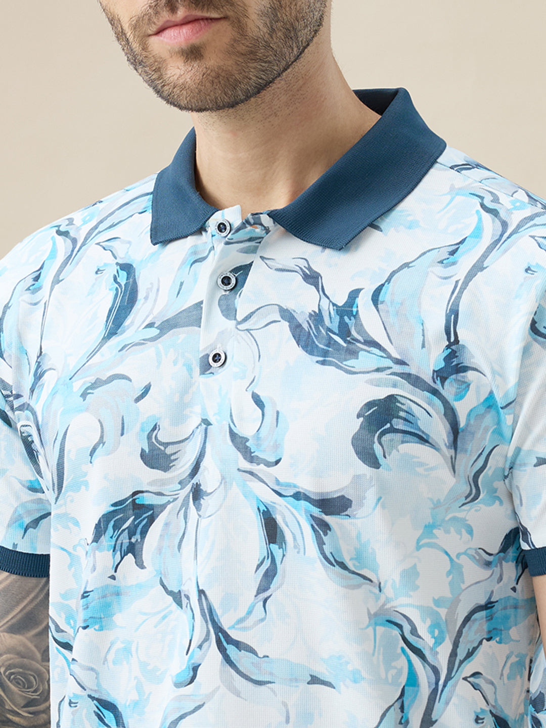 Mens All-Over Tropical Print Half Sleeves Regular Fit Polo T-shirt