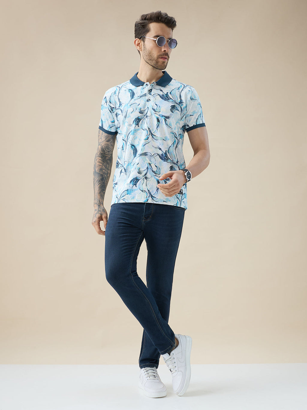 Mens All-Over Tropical Print Half Sleeves Regular Fit Polo T-shirt