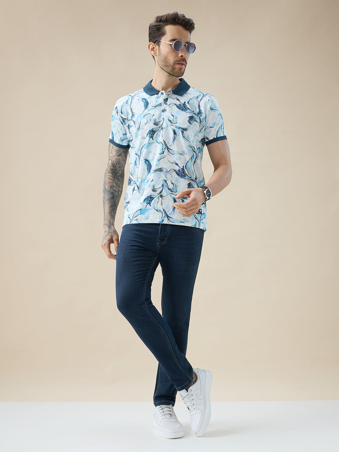 Mens All-Over Tropical Print Half Sleeves Regular Fit Polo T-shirt