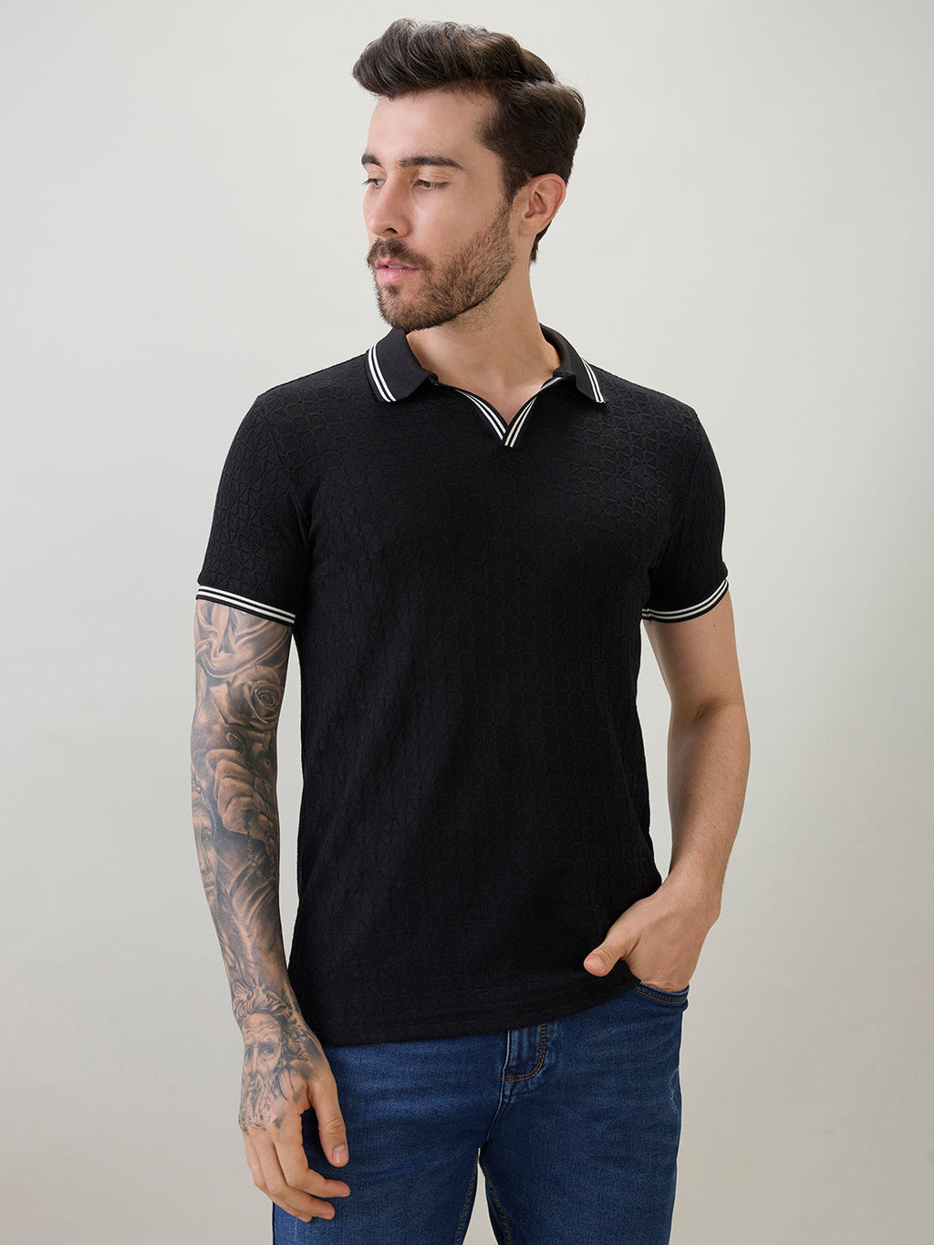 Men's Textured Solid Half Sleeves Polo T-Shirt with Tipping Detail