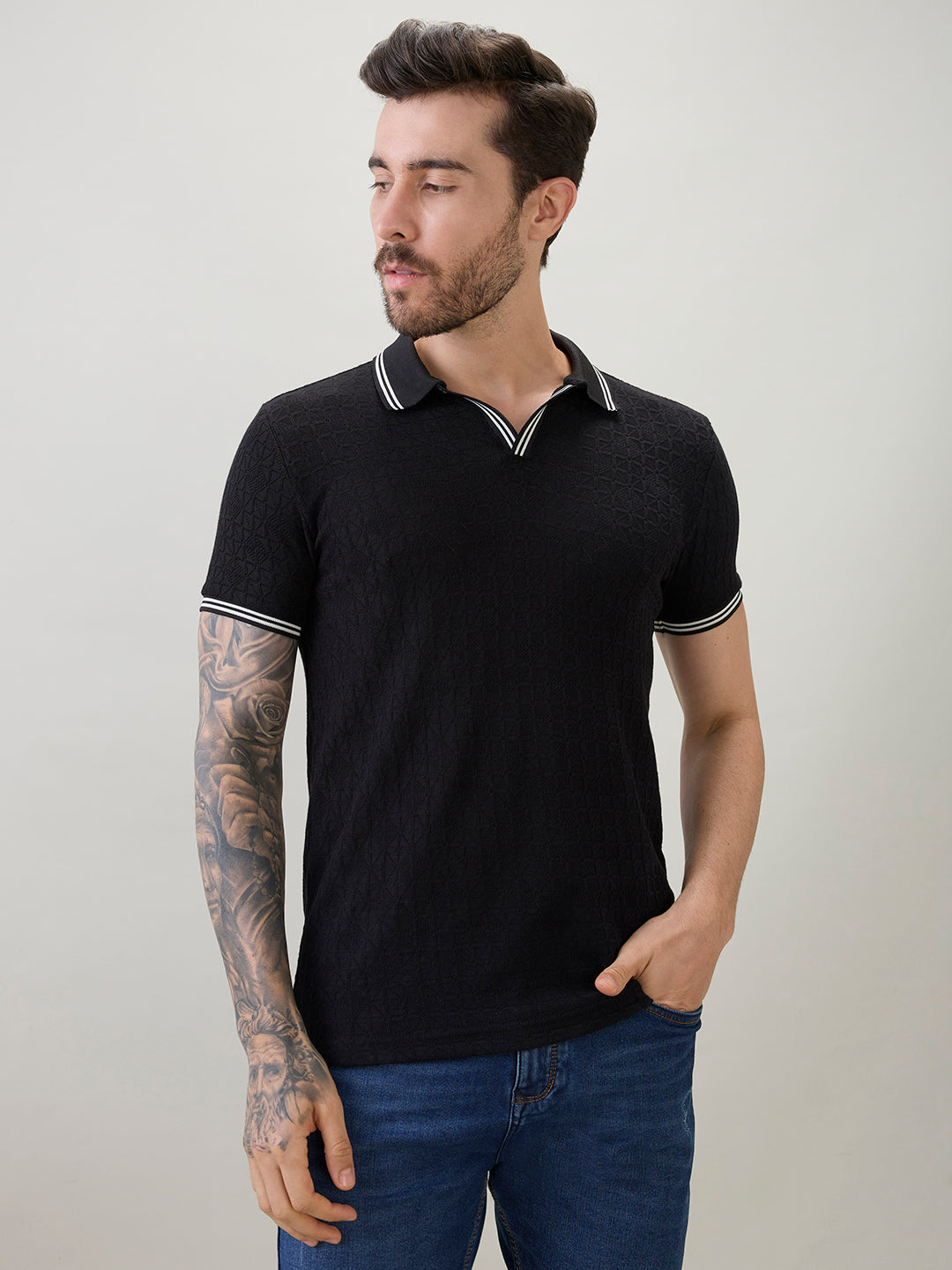 Men's Textured Solid Half Sleeves Polo T-Shirt with Tipping Detail