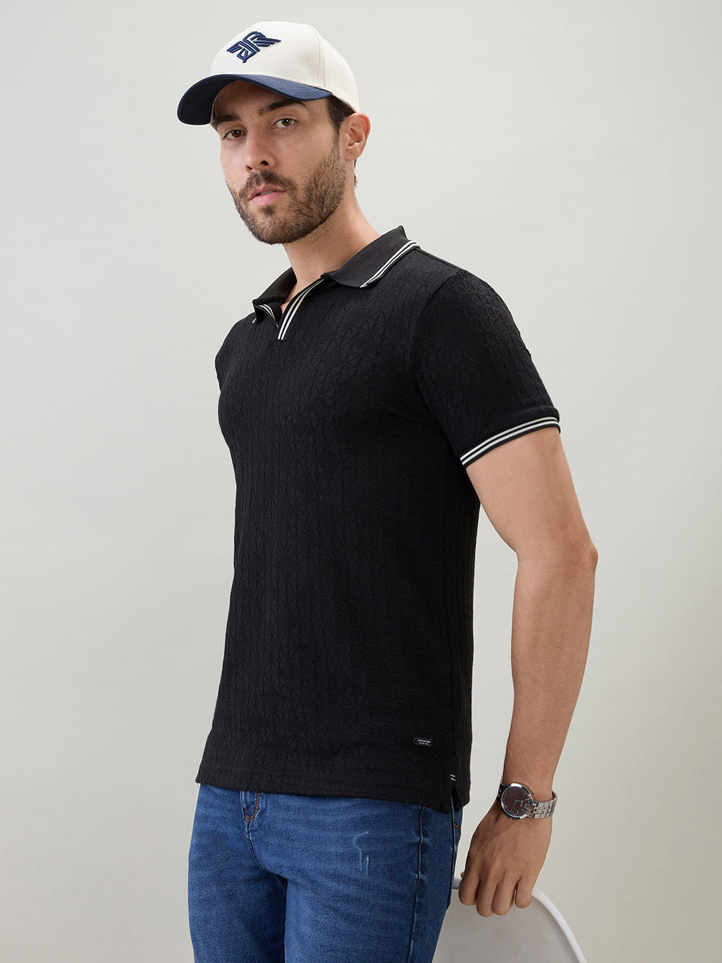 Men's Textured Solid Half Sleeves Polo T-Shirt with Tipping Detail