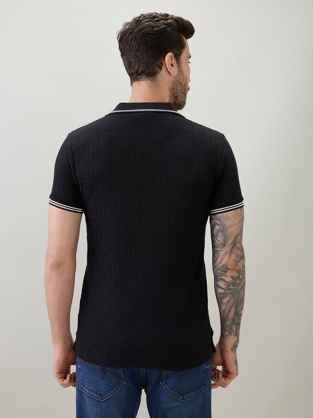 Men's Textured Solid Half Sleeves Polo T-Shirt with Tipping Detail