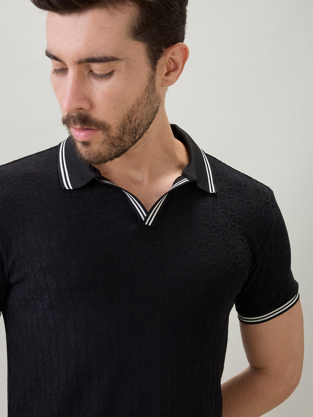 Men's Textured Solid Half Sleeves Polo T-Shirt with Tipping Detail