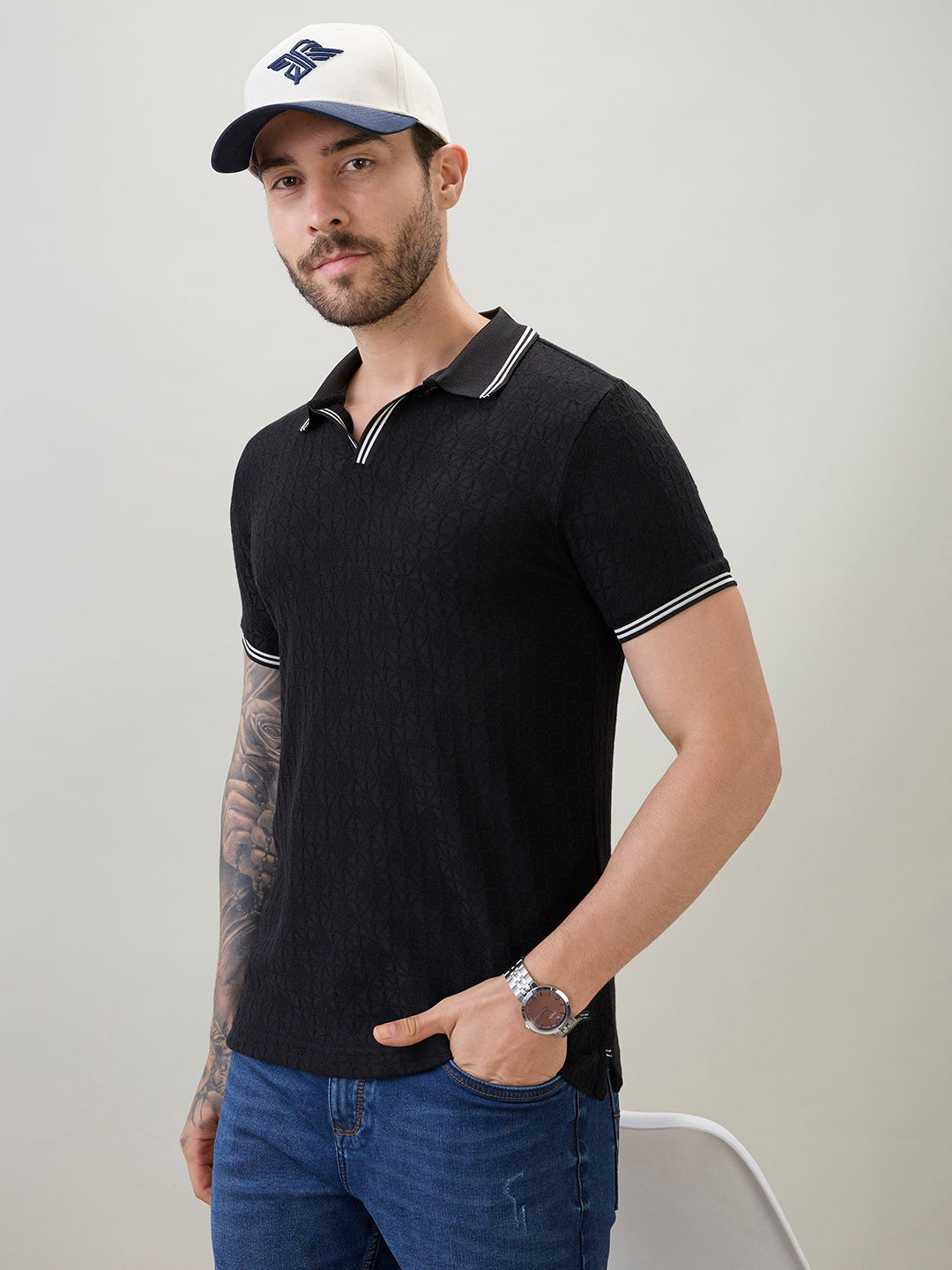 Men's Textured Solid Half Sleeves Polo T-Shirt with Tipping Detail