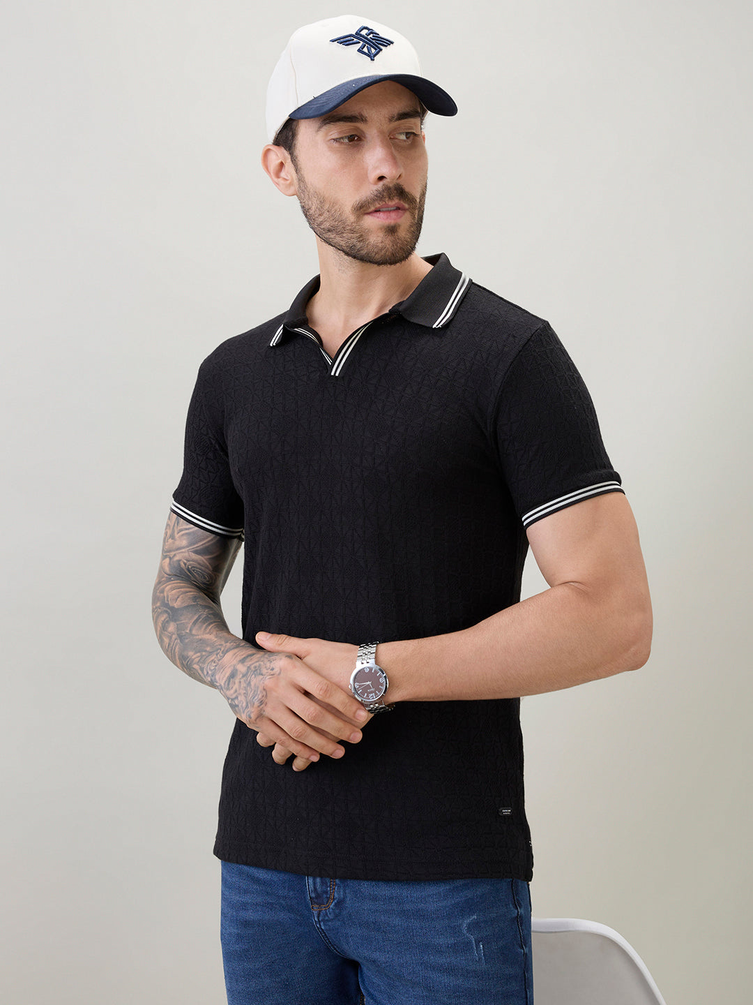 Men's Textured Solid Half Sleeves Polo T-Shirt with Tipping Detail