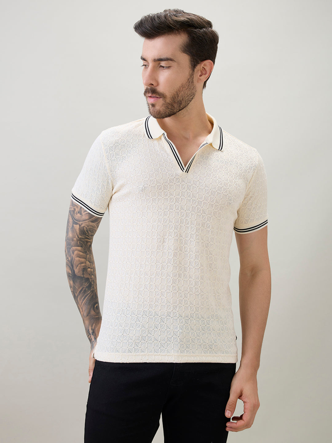 Men's Textured Solid Half Sleeves Polo T-Shirt with Tipping Detail