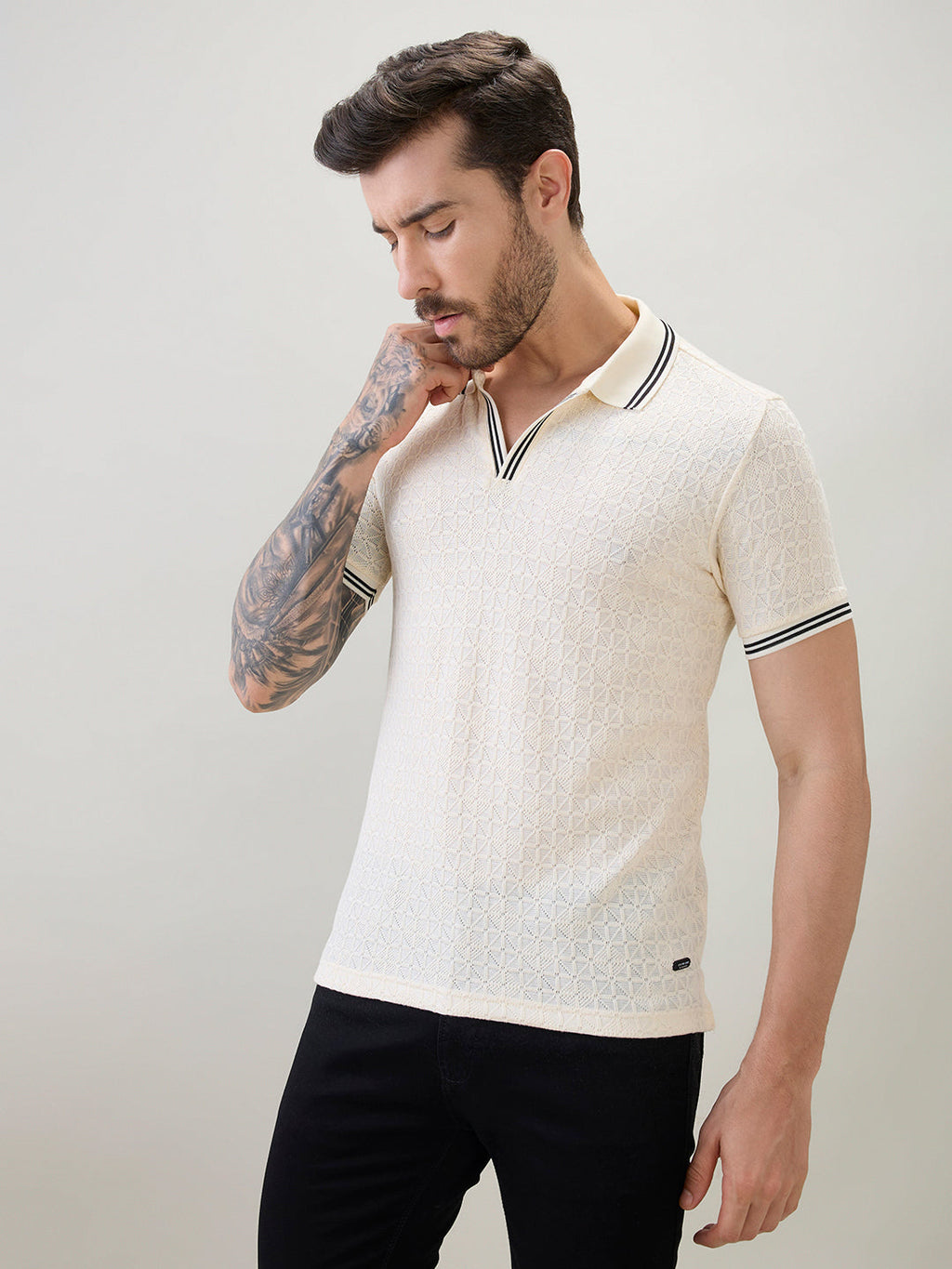 Men's Textured Solid Half Sleeves Polo T-Shirt with Tipping Detail