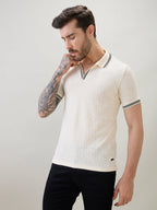 Men's Textured Solid Half Sleeves Polo T-Shirt with Tipping Detail