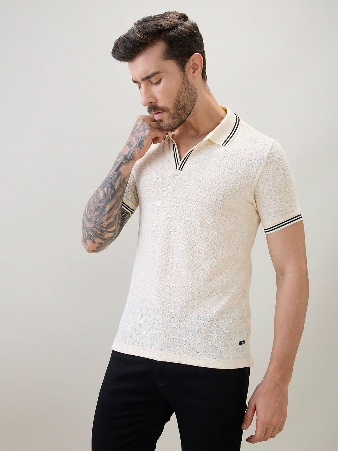Men's Textured Solid Half Sleeves Polo T-Shirt with Tipping Detail
