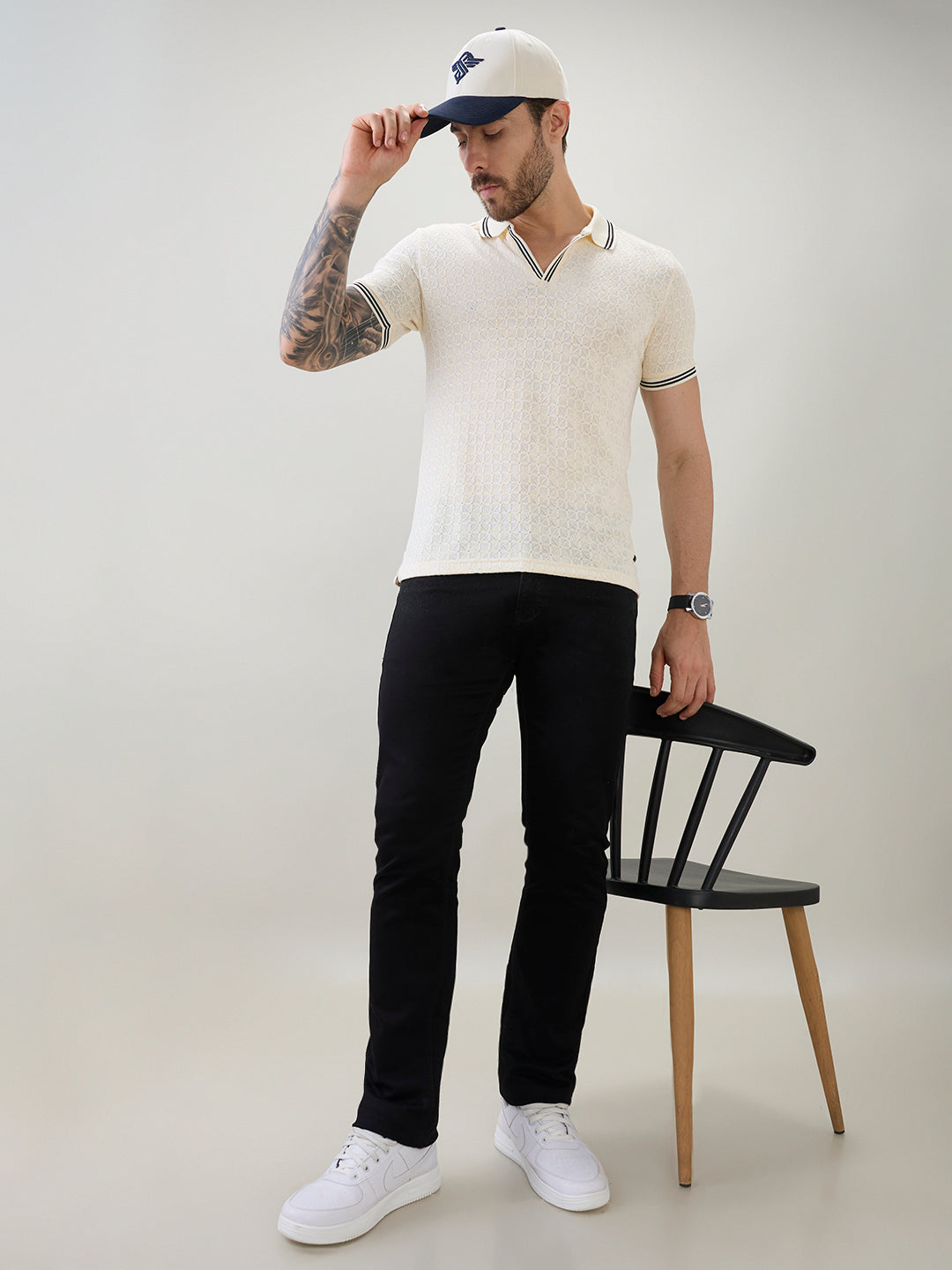 Men's Textured Solid Half Sleeves Polo T-Shirt with Tipping Detail