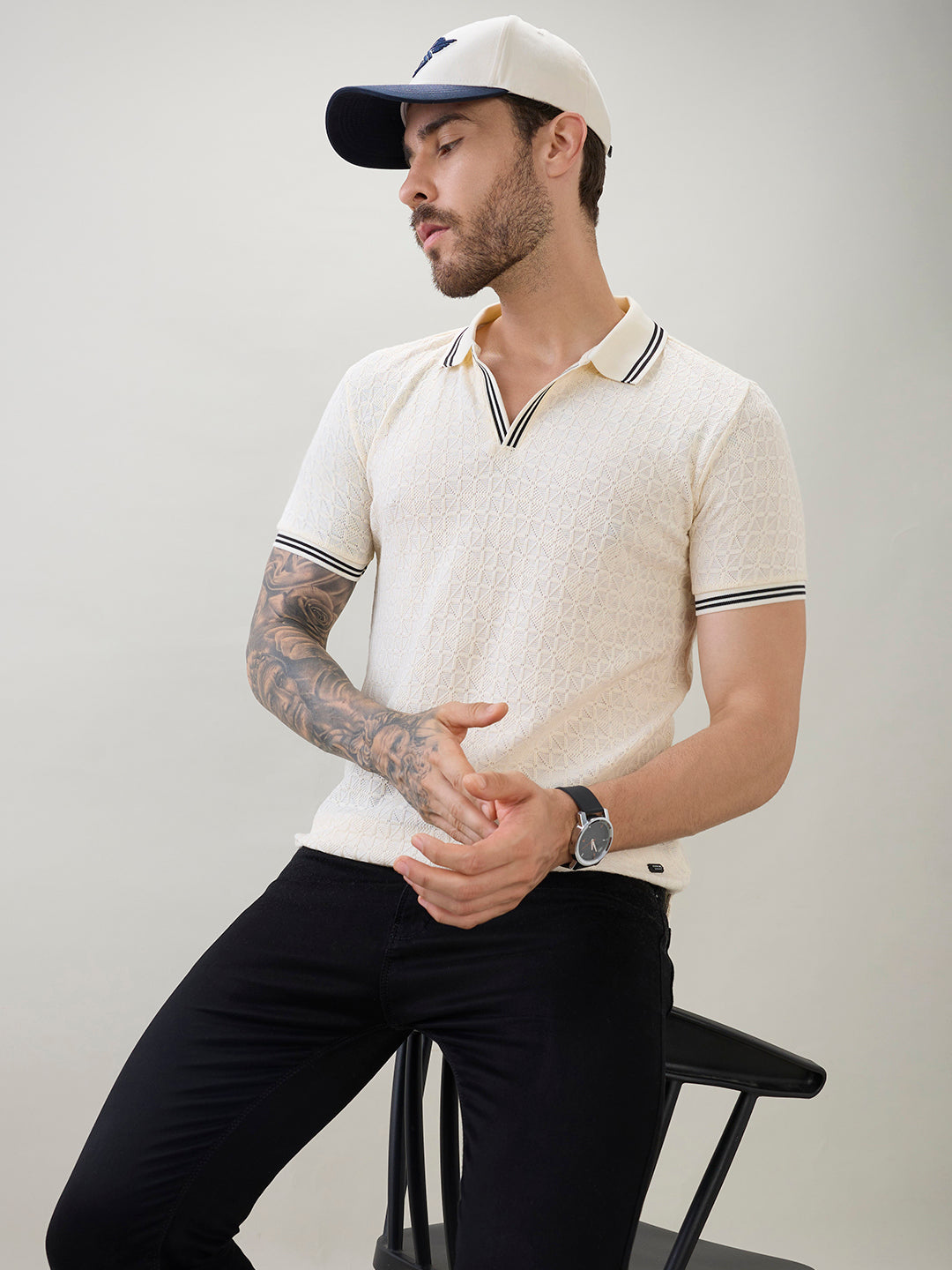 Men's Textured Solid Half Sleeves Polo T-Shirt with Tipping Detail
