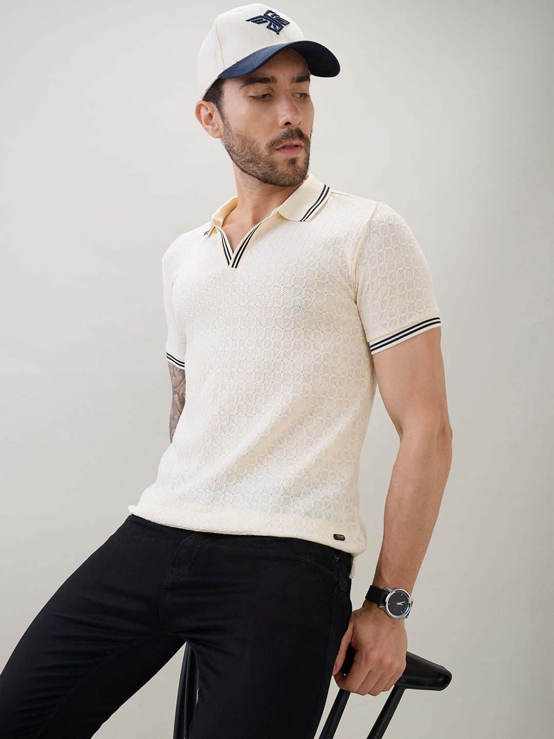 Men's Textured Solid Half Sleeves Polo T-Shirt with Tipping Detail