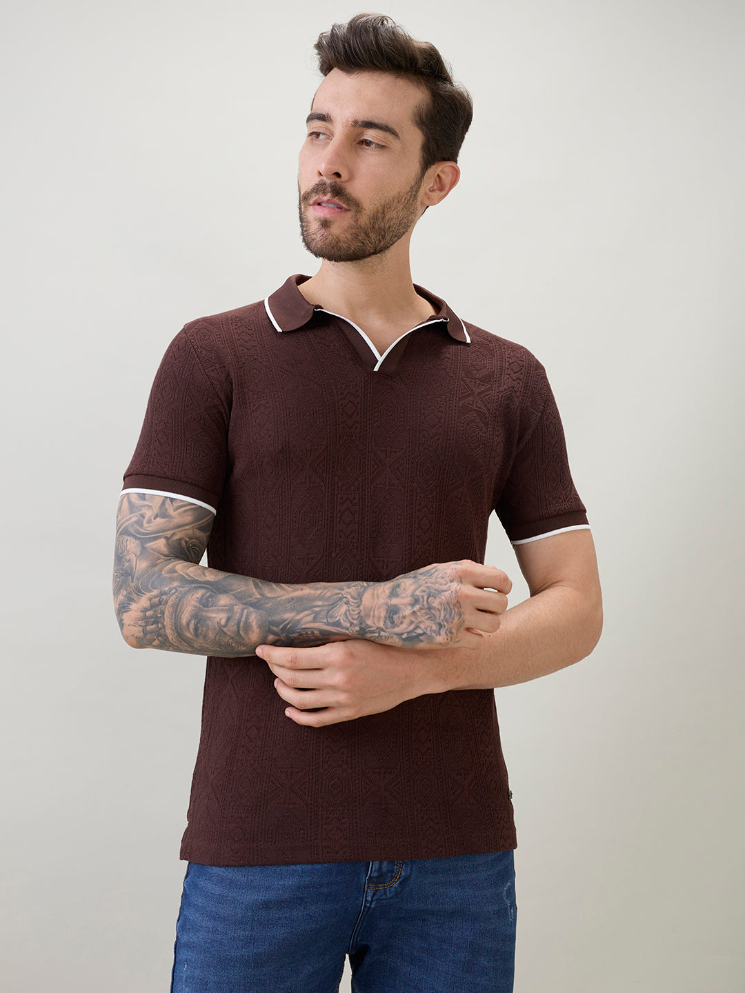 Men's Solid Textured Half Sleeves Polo T-Shirt with Tipping Detail