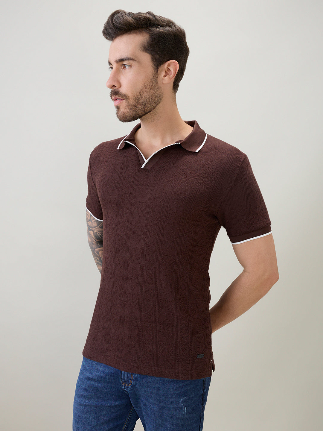 Men's Solid Textured Half Sleeves Polo T-Shirt with Tipping Detail Secondary image