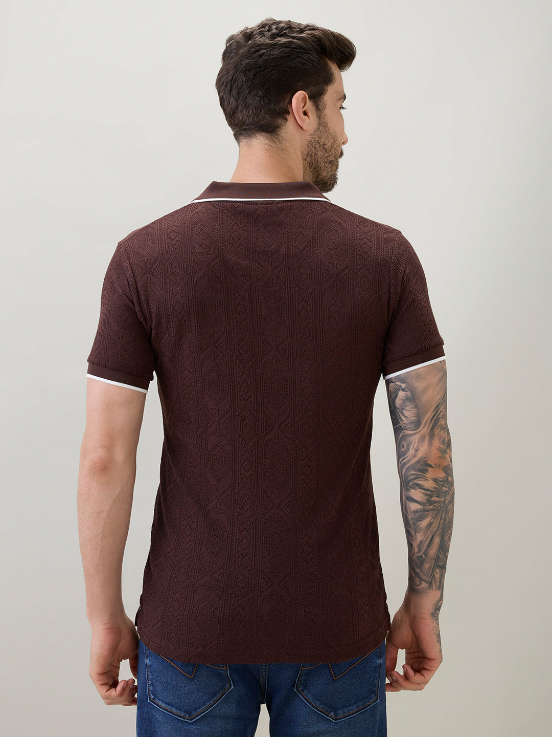 Men's Solid Textured Half Sleeves Polo T-Shirt with Tipping Detail