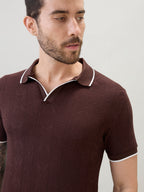 Men's Solid Textured Half Sleeves Polo T-Shirt with Tipping Detail