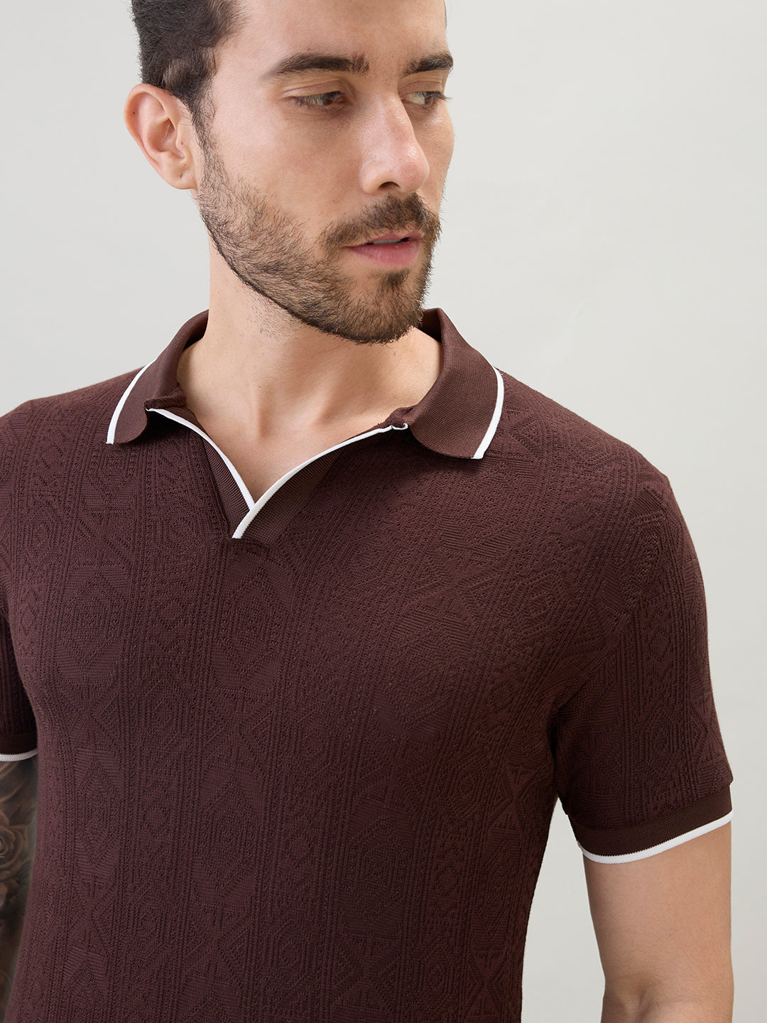 Men's Solid Textured Half Sleeves Polo T-Shirt with Tipping Detail