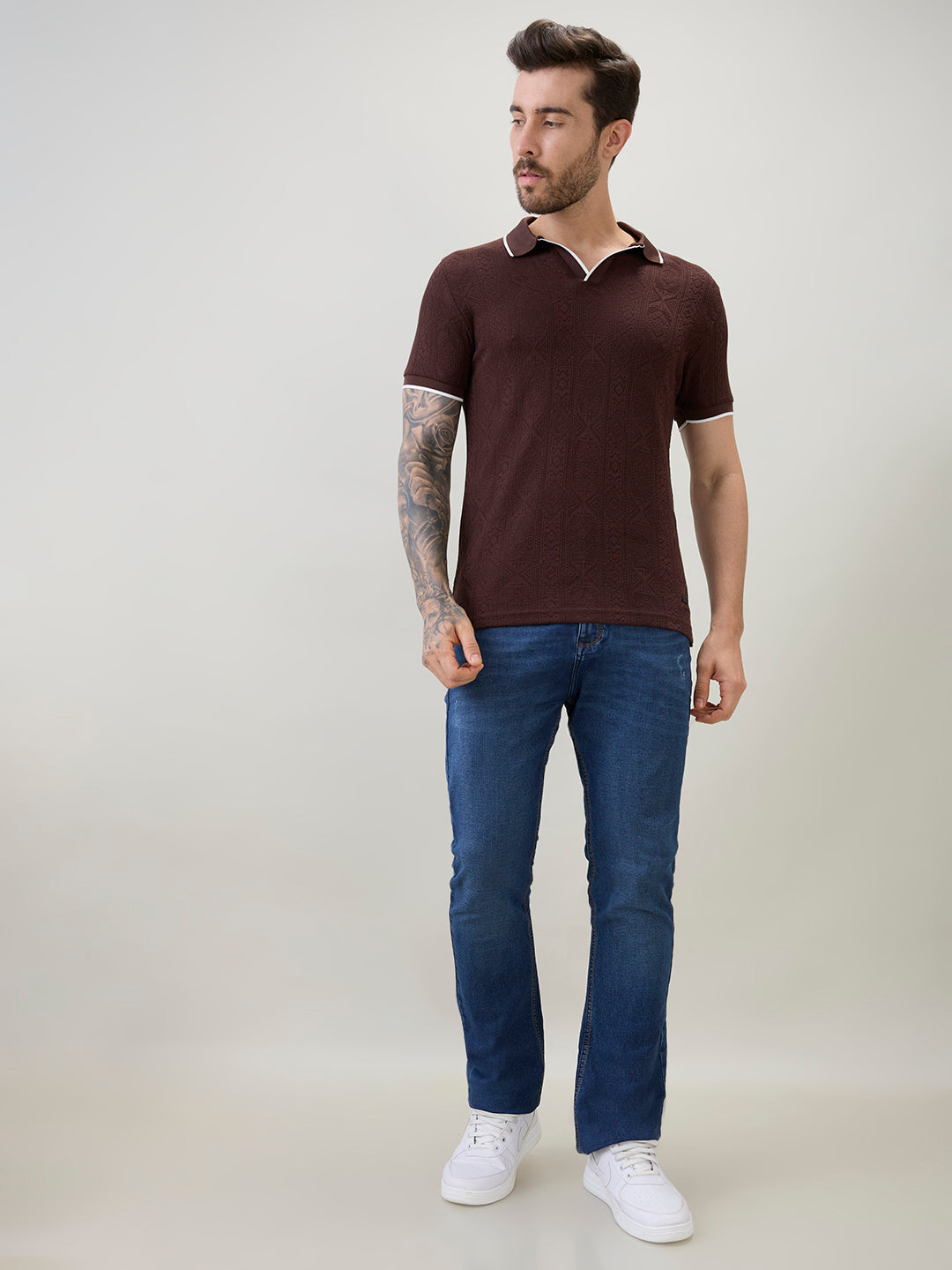 Men's Solid Textured Half Sleeves Polo T-Shirt with Tipping Detail