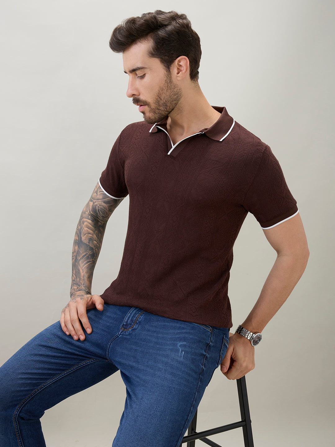 Men's Solid Textured Half Sleeves Polo T-Shirt with Tipping Detail