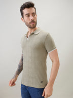 Men's Solid Textured Half Sleeves Polo T-Shirt with Tipping Detail