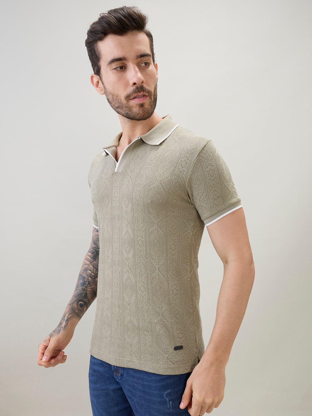 Men's Solid Textured Half Sleeves Polo T-Shirt with Tipping Detail