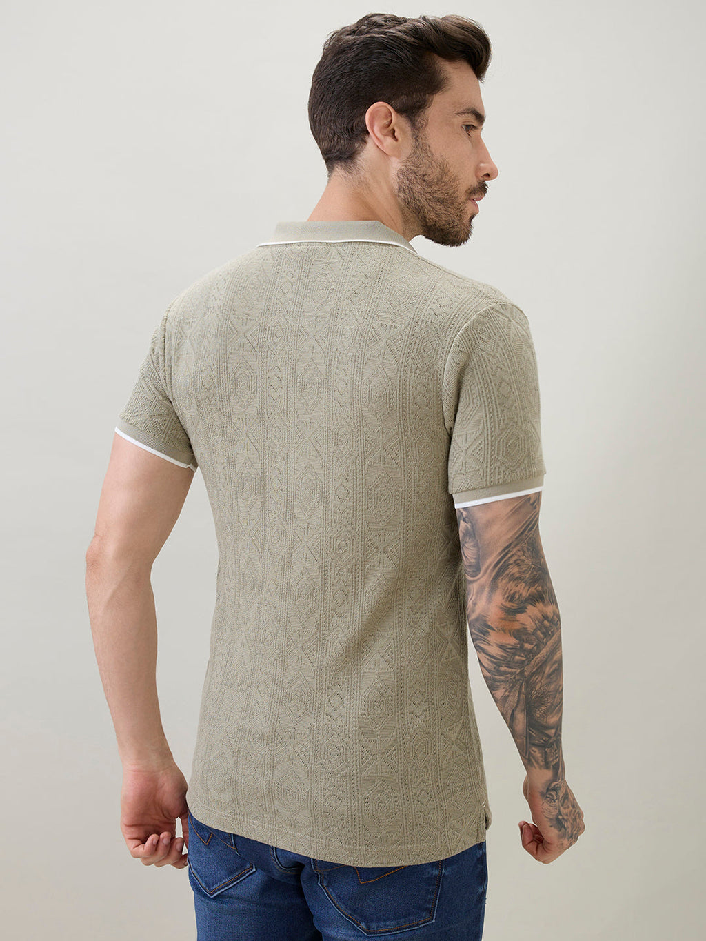 Men's Solid Textured Half Sleeves Polo T-Shirt with Tipping Detail