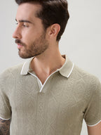 Men's Solid Textured Half Sleeves Polo T-Shirt with Tipping Detail