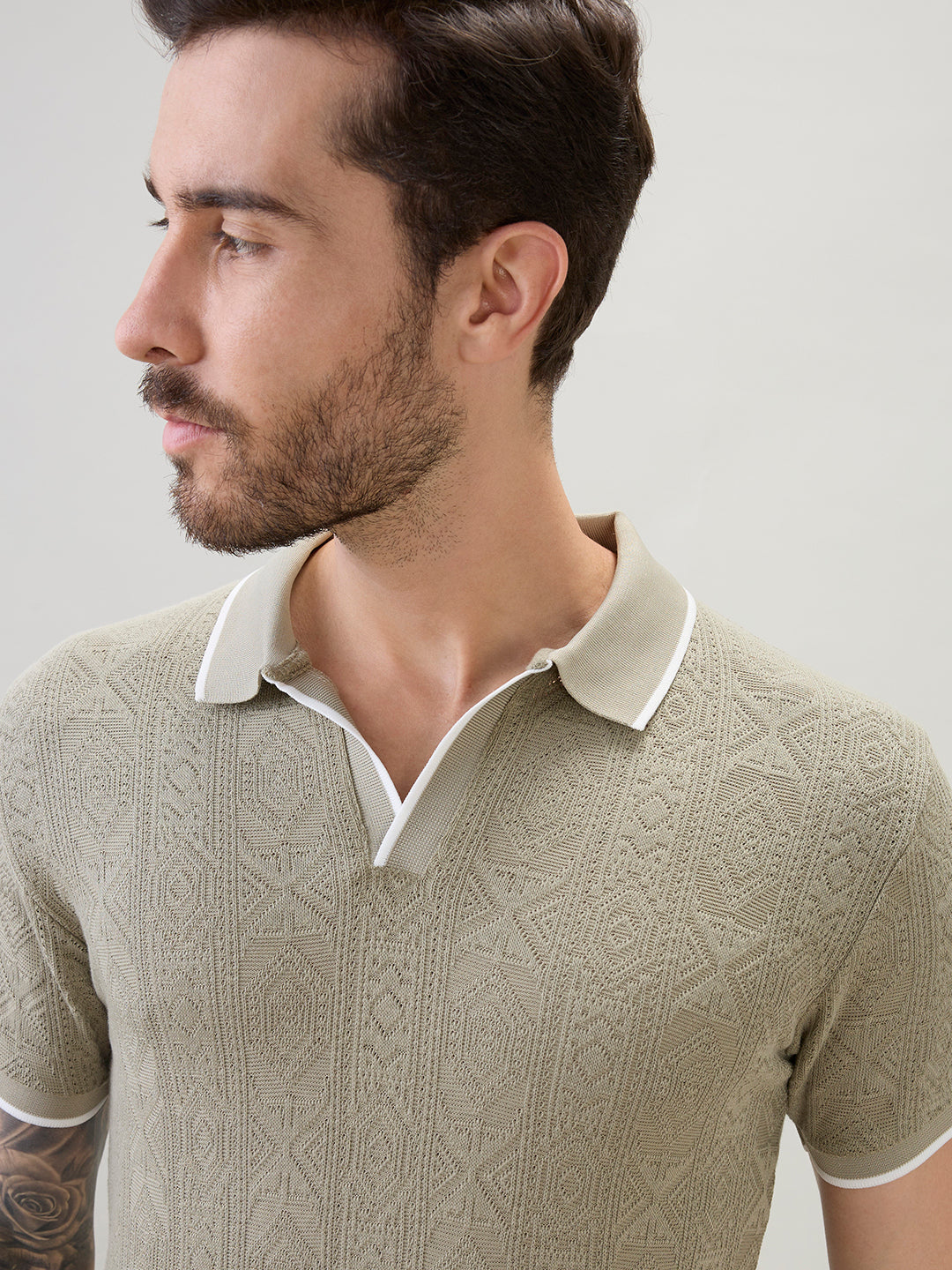 Men's Solid Textured Half Sleeves Polo T-Shirt with Tipping Detail
