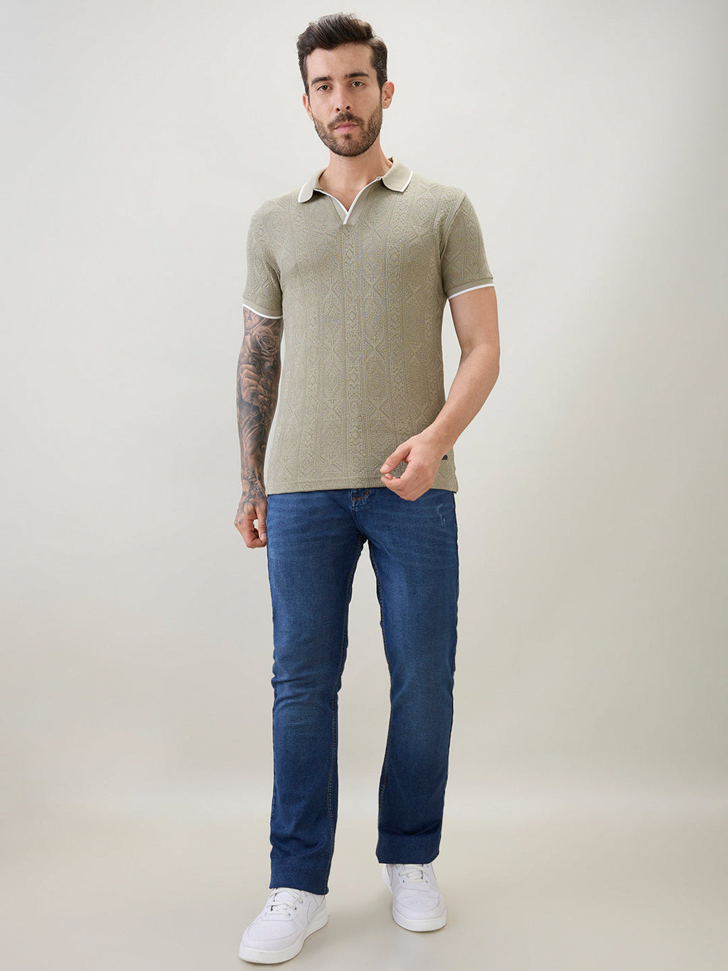 Men's Solid Textured Half Sleeves Polo T-Shirt with Tipping Detail
