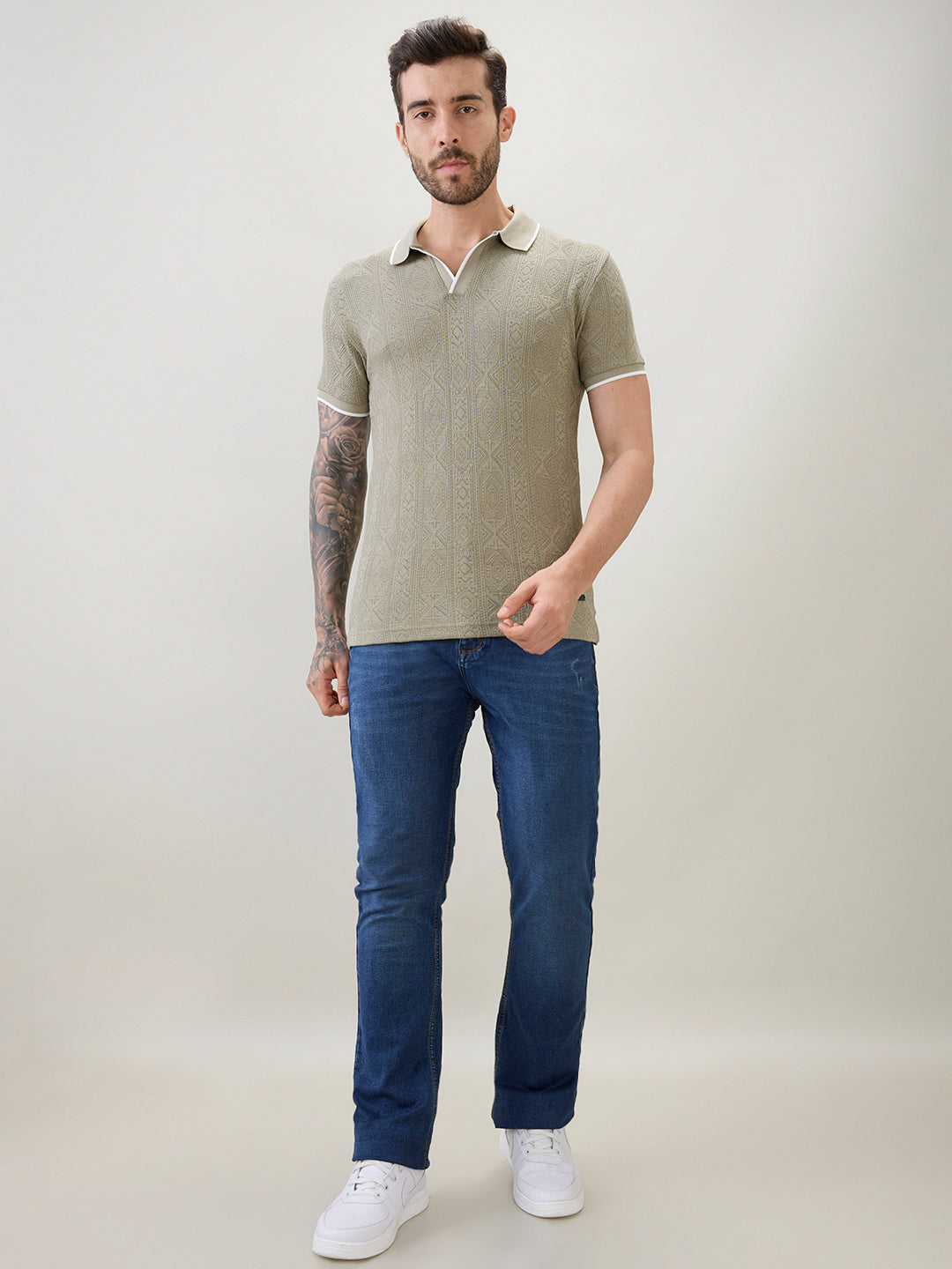 Men's Solid Textured Half Sleeves Polo T-Shirt with Tipping Detail