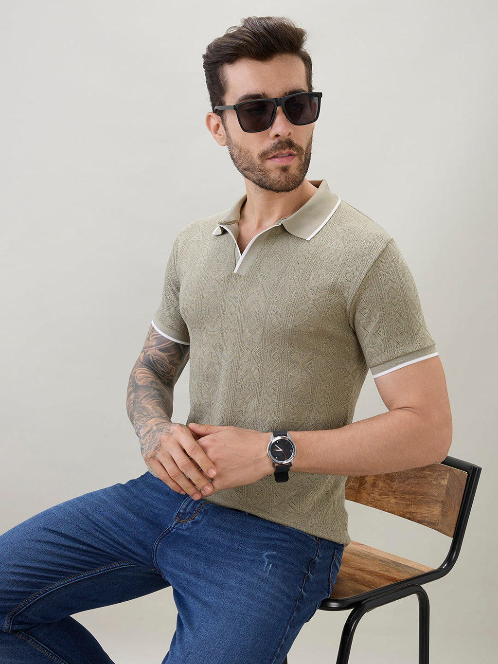 Men's Solid Textured Half Sleeves Polo T-Shirt with Tipping Detail