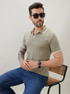 Men's Solid Textured Half Sleeves Polo T-Shirt with Tipping Detail