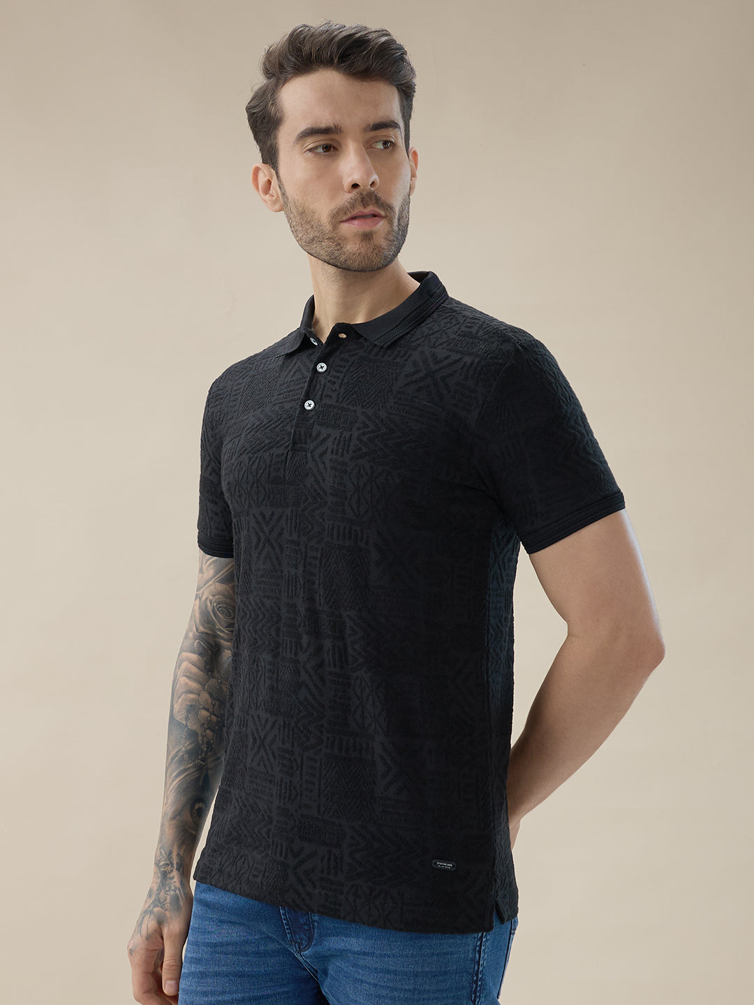 Mens Geometric Textured Polo Neck Half Sleeve Regular Fit T-Shirt Secondary image