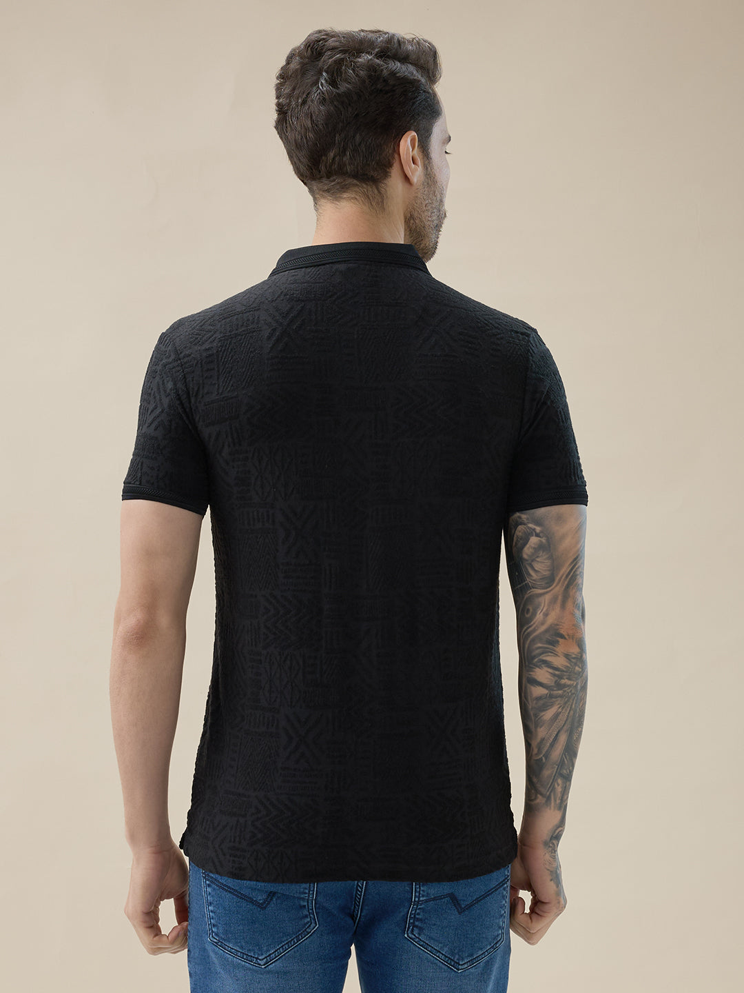 Mens Geometric Textured Polo Neck Half Sleeve Regular Fit T-Shirt