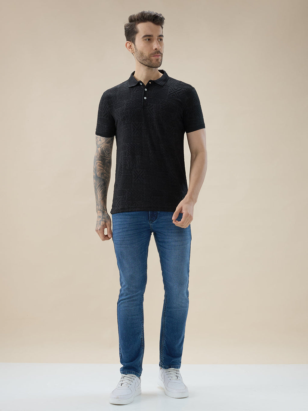 Mens Geometric Textured Polo Neck Half Sleeve Regular Fit T-Shirt