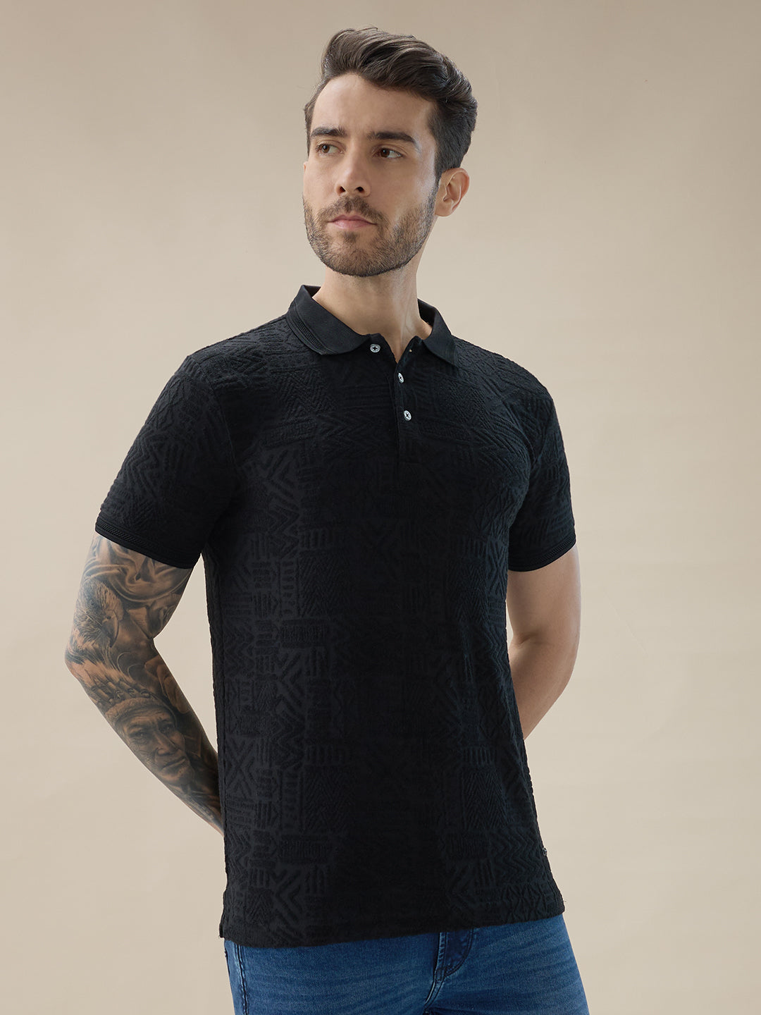 Mens Geometric Textured Polo Neck Half Sleeve Regular Fit T-Shirt