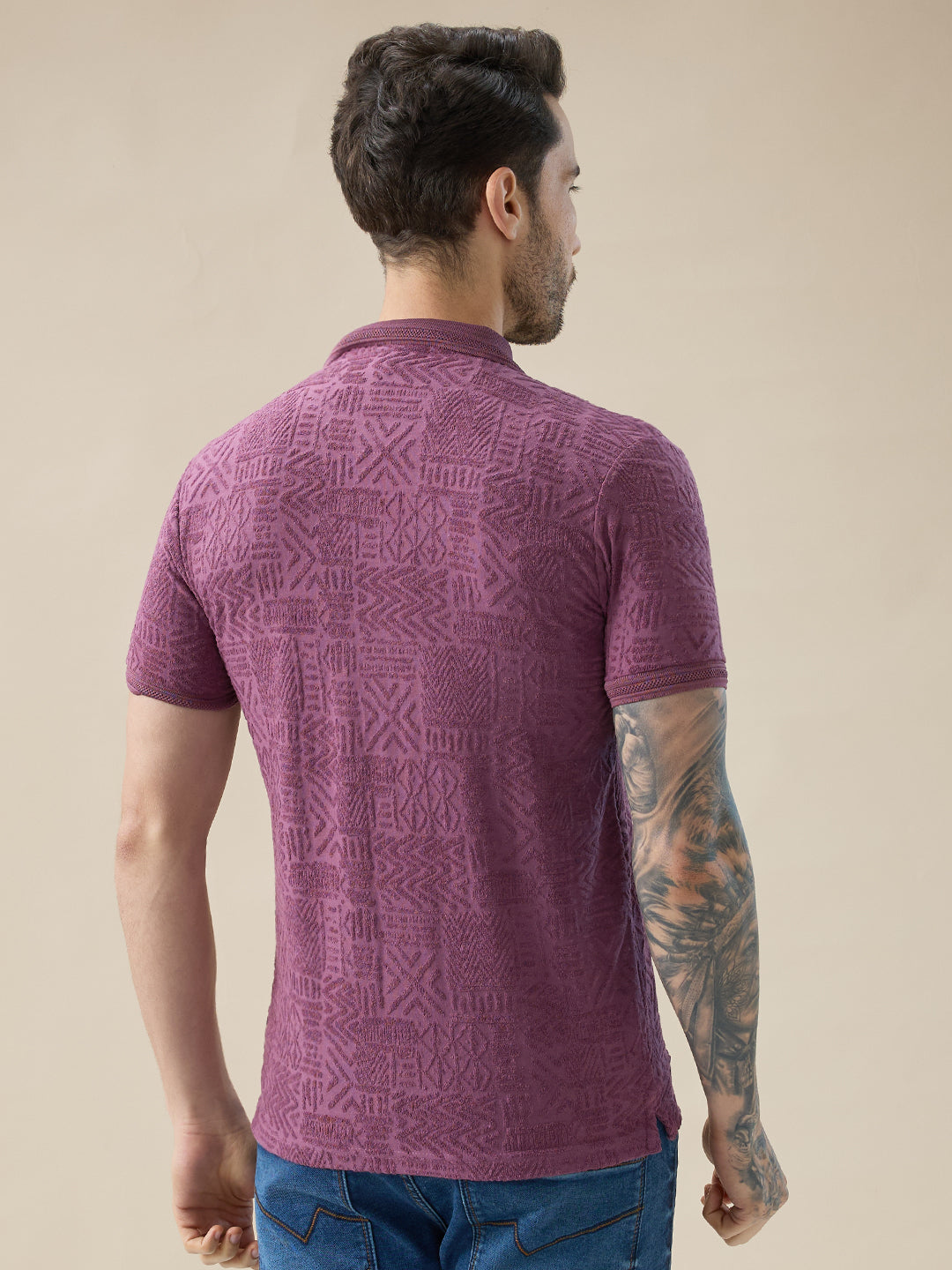 Mens Geometric Textured Polo Neck Half Sleeve Regular Fit T-Shirt