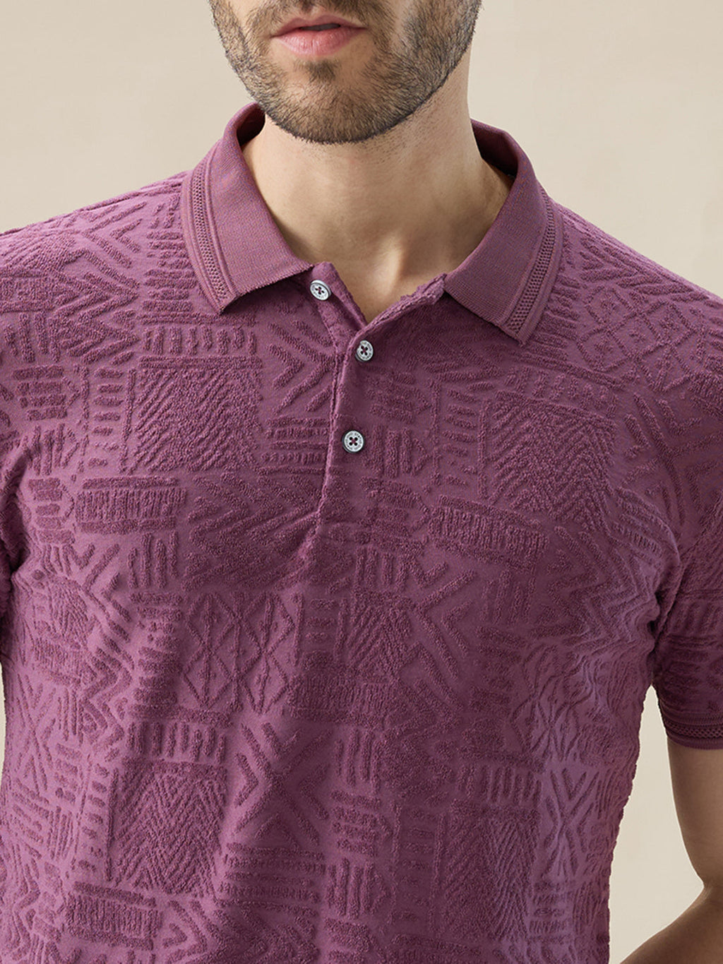 Mens Geometric Textured Polo Neck Half Sleeve Regular Fit T-Shirt