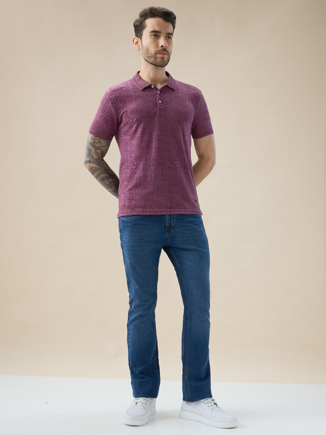 Mens Geometric Textured Polo Neck Half Sleeve Regular Fit T-Shirt
