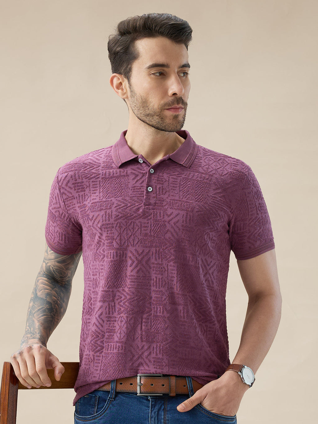 Mens Geometric Textured Polo Neck Half Sleeve Regular Fit T-Shirt