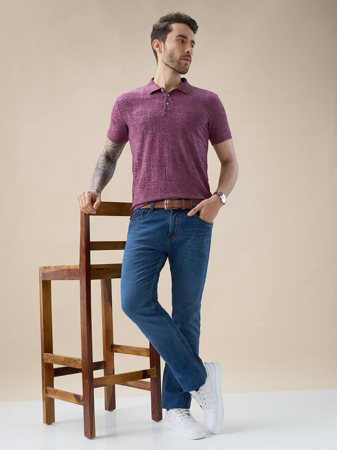 Mens Geometric Textured Polo Neck Half Sleeve Regular Fit T-Shirt