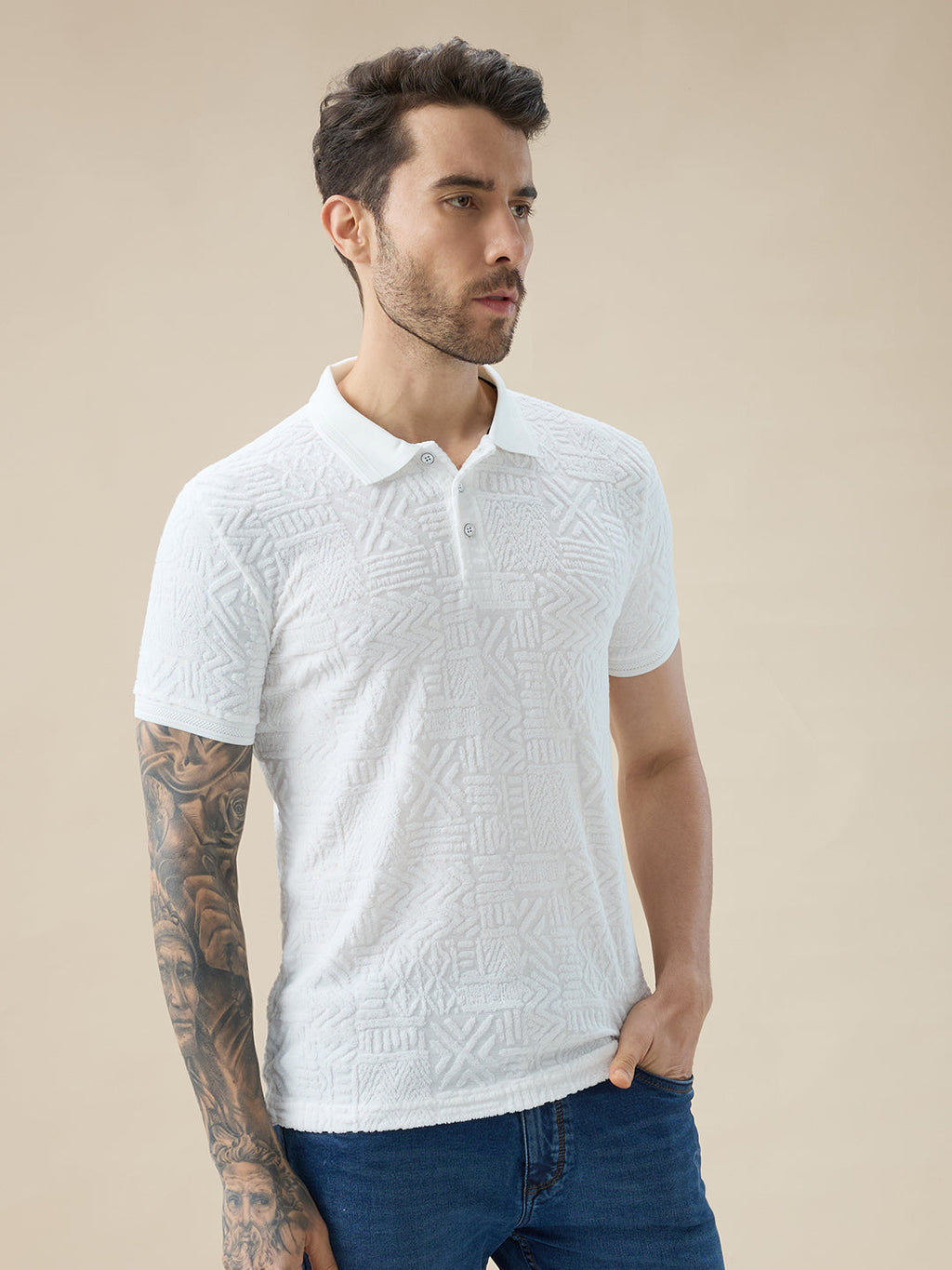 Mens Geometric Textured Polo Neck Half Sleeve Regular Fit T-Shirt