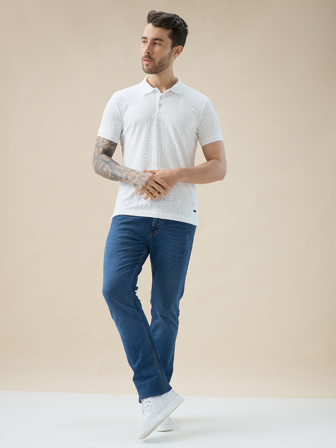 Mens Geometric Textured Polo Neck Half Sleeve Regular Fit T-Shirt