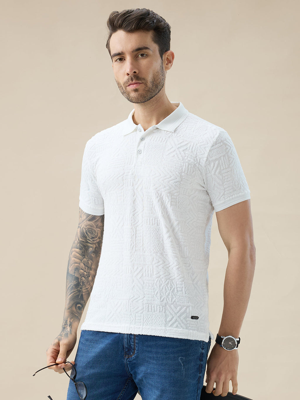 Mens Geometric Textured Polo Neck Half Sleeve Regular Fit T-Shirt