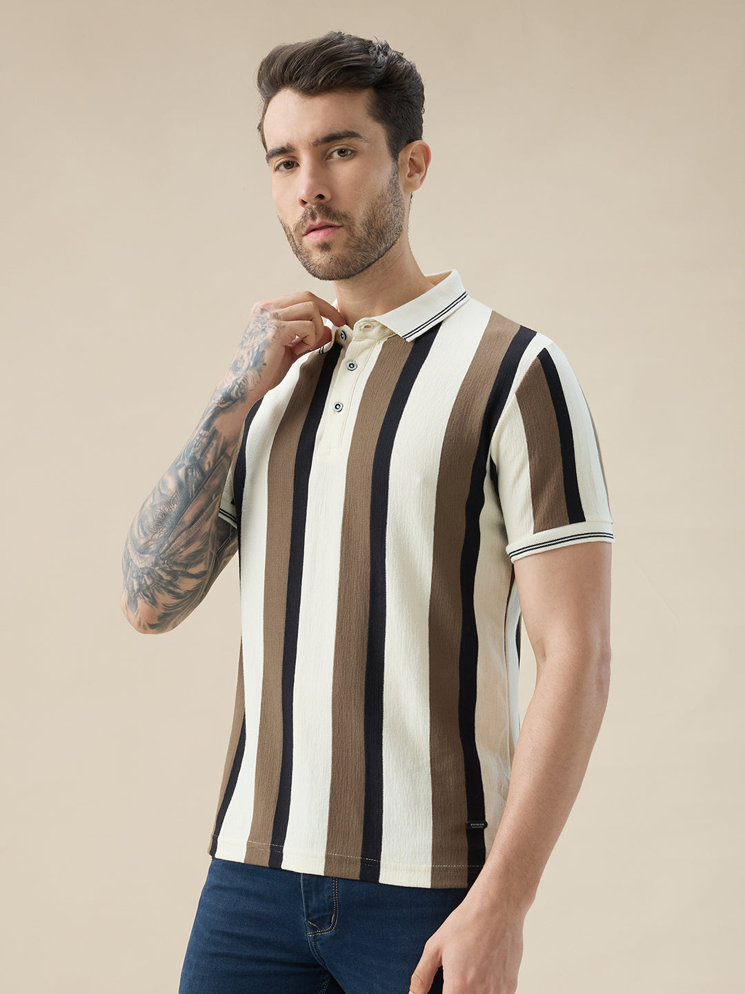 Men's Striped Regular Fit Half Sleeve Polo T-Shirt with Stylish Tipping Secondary image