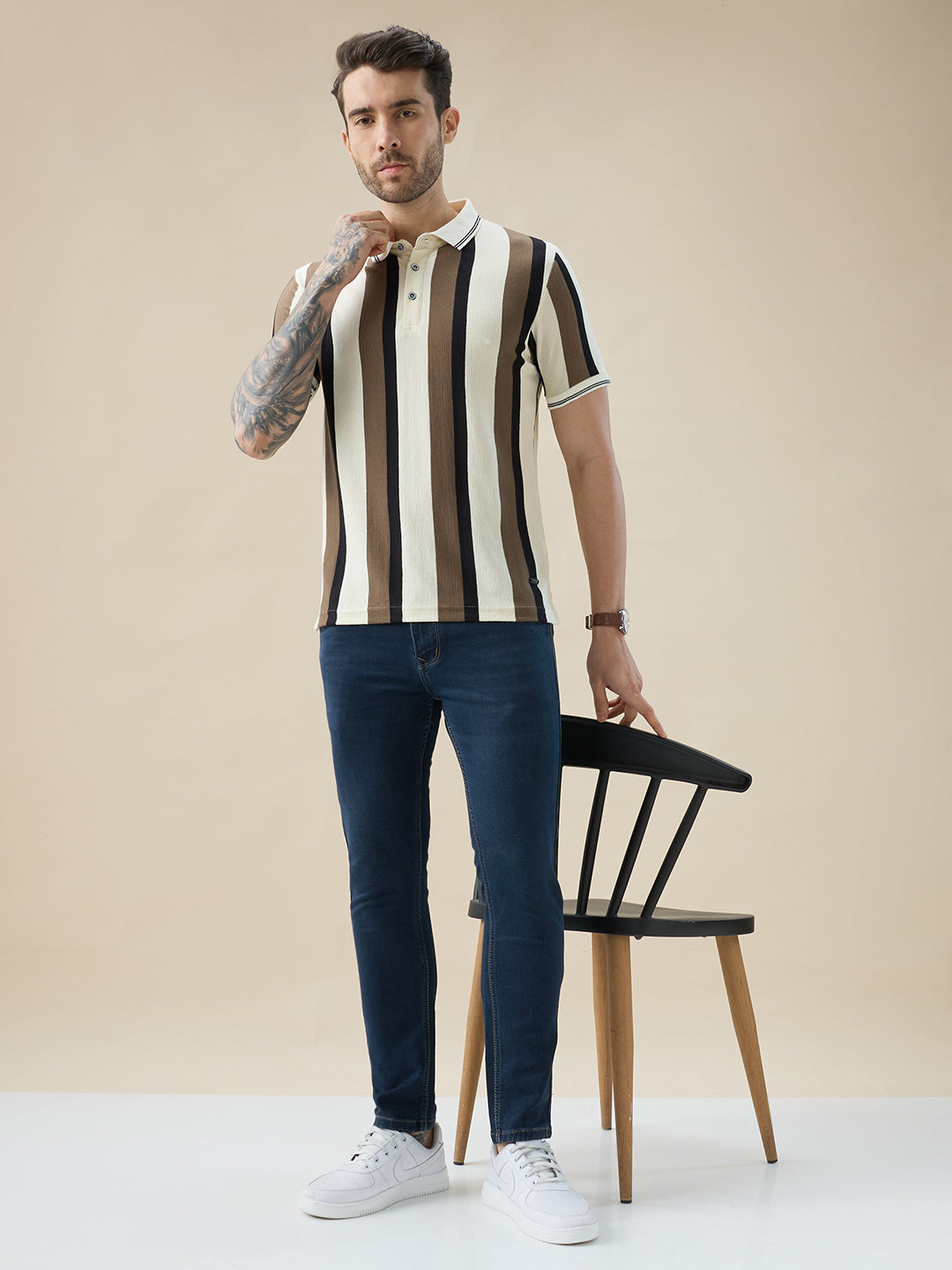 Men's Striped Regular Fit Half Sleeve Polo T-Shirt with Stylish Tipping