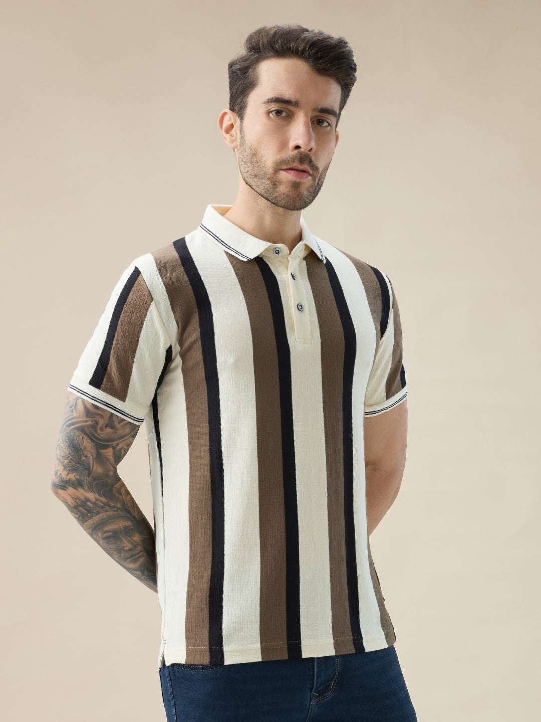 Men's Striped Regular Fit Half Sleeve Polo T-Shirt with Stylish Tipping