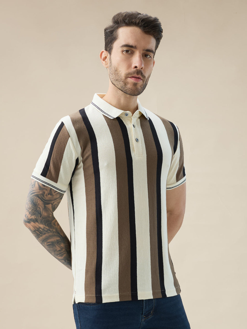 Men's Striped Regular Fit Half Sleeve Polo T-Shirt with Stylish Tipping